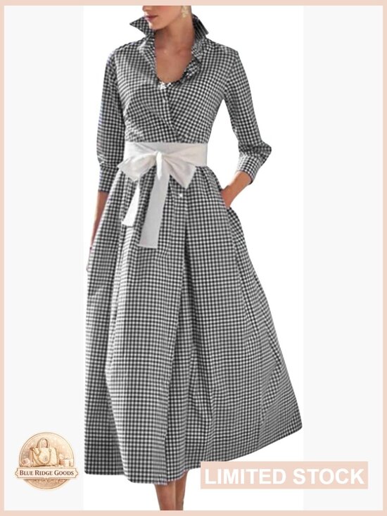Dresses & Skirts - Retro Plaid Button Up Maxi Shirt Dress 3/4 Sleeve Gingham Pocketed with Belt